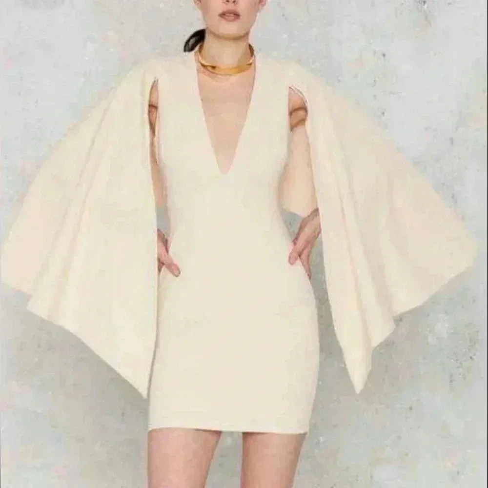 Dance and Marcel cream bodycon cape dress with slit size small - Picture 4 of 16
